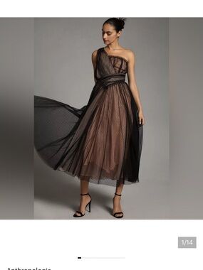 Anthropologie Black One-Shoulder Polka Dot Tulle Midi Dress